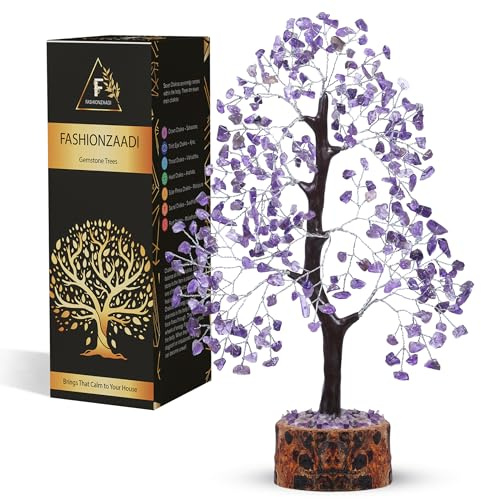 FASHIONZAADI Amethyst Gemstone Bonsai Money Chakra Tree Feng Shui Crystal Chakras Stone Healing Crystals Trees Good Luck Home Office Table Décor Health Prosperity Size 10-12 inch (Silver Wire) | Bonsai-Baum aus natürlichem Kristall, Hippie-Dekoration, Abschiedsgeschenk für Kollegen, 25,4 cm, 300 Perlen