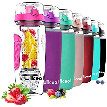 willceal Infusor de frutas Botella de agua de 32 oz,Durable con bola de gel de hielo desmontable, grande - Tritan libre de BPA, tapa abatible, diseño a prueba de fugas - Deportes, Camping (rosado)