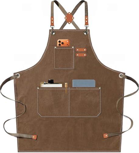 AFUN Chef Aprons for Men Women with Oversized Pockets, 16-Ounce Cotton Canvas Cross Back Heavy Duty Work Apron (Brown)