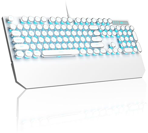 Typewriter Mechanical Gaming Keyboard,MageGee Retro Punk Round Keycap LED White Backlit USB Wired Keyboards for Game and Office, for Windows Laptop PC Mac (Blue Switches/White)
