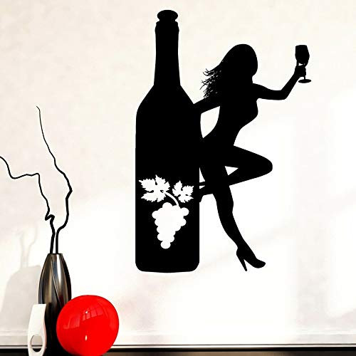 NSRJDSYT Girlrs Wall Decal Girl Bottle Of Wine Vine Bar Vinyl Sticker Wine Bar Decoration Home Decoraiton 62x42cm