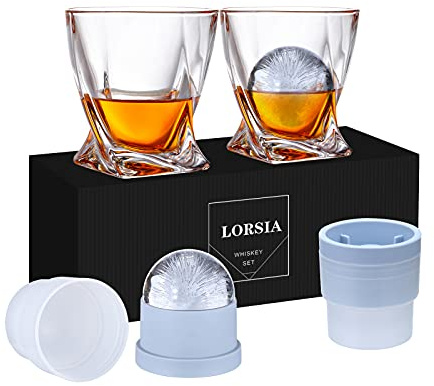 Whiskey Rocks Glass, Set of 4 (2 Crystal Bourbon Glasses, 2 Round Big Ice Ball Molds) In Gift Box - 11 Oz Old Fashioned Glasses for Scotch Cocktail Rum Cognac Vodka Liquor, Unique Gifts for Men