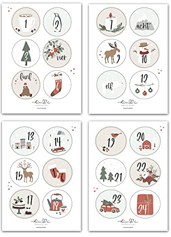 Him & I® - 24 Adventskalender Zahlen Sticker für Weihnachtskalender - Aufkleber für Advents-Kalender (rund/matt / 40mm) - Nummern für Papiertüten - perfekt für DIY Adventskalender basteln & befüllen
