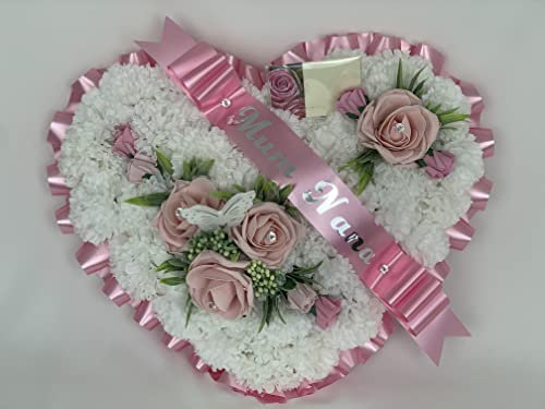 Funeral Flowers Wreath large Heart Memorial Tribute Artificial Silk butterfly tribute mum, dad, gran, nan (PINK)