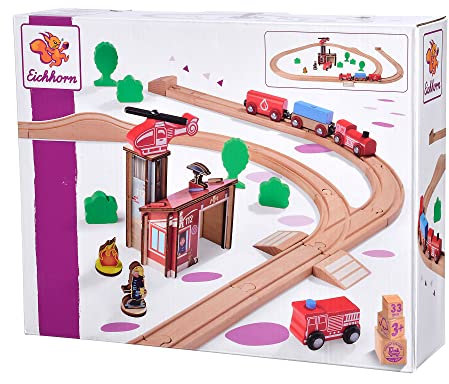 Eichhorn Schienenbahn 100006205 Feuerwehr-Set, 33 teilig, 295 cm Streckenlänge, FSC zertifiziertes Buchenholz, verbaubar mit Anderen Schienenbahnsystemen