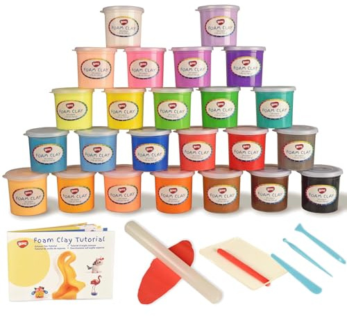 BOHS Modeling Foam Clay Tools Kit (Clay Wt. 45g*24 Tubs), Squishy and Air Dry, School Crafts Project Supplies, Party Favors,Slime Making 24 Colors with Tools, Roller, and Cylinder Shaping Sheet