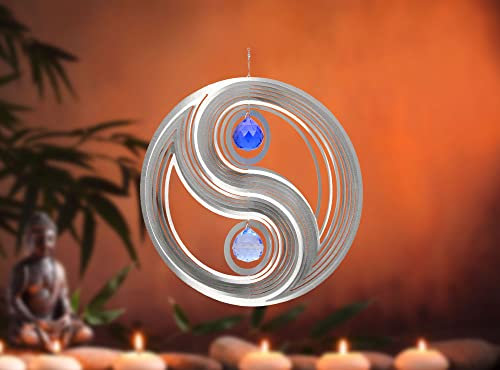ILLUMINO Edelstahl Yin Yang mit 30 mm Kristallkugeln - Türkis & Kobaltblau, Windspiele für draußen hängend, Gartendeko für draußen, Fensterdeko hängend