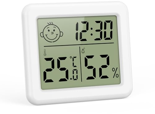 Digitales Thermometer Hygrometer Innen,ORIA Luftfeuchtigkeitsmesser mit Uhr | Mini Raumthermometer Innenthermometer Zimmerthermometer, Luftkomfort-Anzeige, °C/°F, für wohnung, Büro, Haus