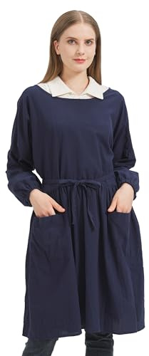 Nanxson Damen Baumwolle Leinen Schürze, Langarm Küchenschürze, Kittel | Lang Casual Latzschürze Kleiderschürze Overall mit Taschen für Küche, Garten, Malen, Hausarbeit