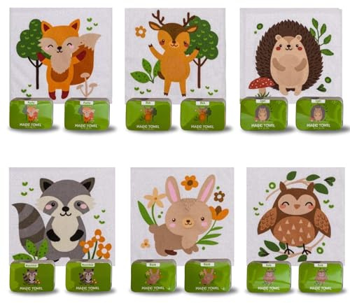 Bada Bing 12er Set Magisches Handtuch Waldtiere Baumwoll-Waschlappen Zauberhandtuch für Kinder ca. 30x30 cm 6fach s. Kindergeburtstag Geburtstag Mitgebsel