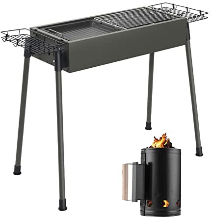 PJDDP Großer Holzkohlegrill und Anzündkamin Kohlestarter, 66x30x69cm, Tragbar Campinggrill Standgrill aus Edelstahl, inkl.Antihaft-Pfanne, Grillrost, Aufbewahrungskorb, Komplettes Zubehör