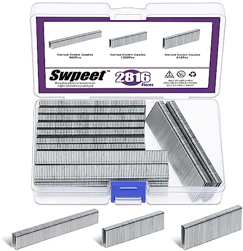 Swpeet 2817 Stück 3 Größen K413 K419 K425 18 Gauge 1/4 Silver Narrow Crown Staples, Verzinkte Klammern Ca. 1/4×1/2/3/4/1, Geeignet für Pneumatische, Elektrische Hefter