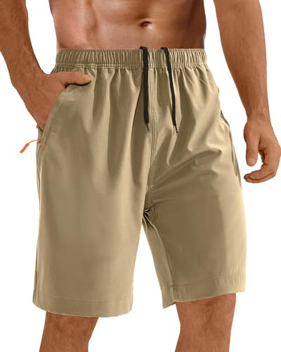 cioiniei Snabbtorkande löparshorts för herr med blixtlåsficka, elastisk midja, atletisk träning, fitness, strandshorts, 18 cm, Khaki, XXL