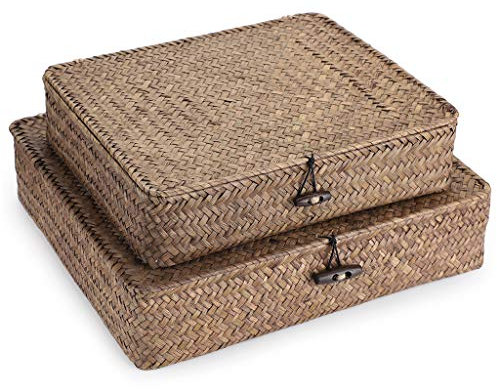 SUMNACON 2PCS Rattankorb aus Natürliche Seegras mit Deckel Handarbeiten Aufbewahrungskiste Aufbewahrungskörbe Ordnung Korb für Küche Badezimmer Schlafzimmer Gross+Klein(Rechteckig,Braun)
