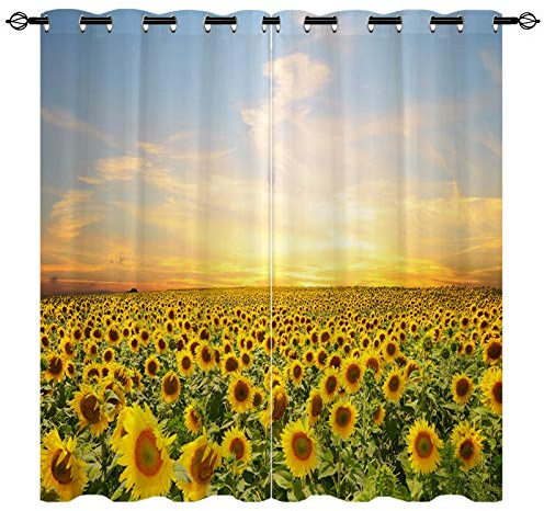 YUANZU Sonnenblume Vorhänge Ackerland Blume Meer Gelbe Blumen Ösen Gardinen mit Blickdichte Vorhang Kälteschutz Blackout Curtain Wohnzimmer Schlafzimmer Verdunkelung Fenster, 2 Stück, H 220 x B 140 cm