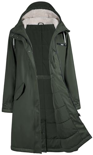Regenmantel Damen Wasserdicht Regenjacke Winterjacke Damen Lang Wintermantel Warm Gefütterte Friesennerz Übergangsjacke Herbst Softshelljacke mit Kapuze Windbreaker Parka Winter,Dunkelgrün,44
