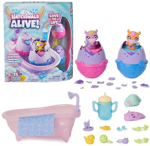 HATCHIMALS Alive, Make a Splash Playset with 15 Accessories, Bathtub, 2 Colour-Change Mini Figures in Self-Hatching Eggs, Kids’ Toys for Girls and Boys
