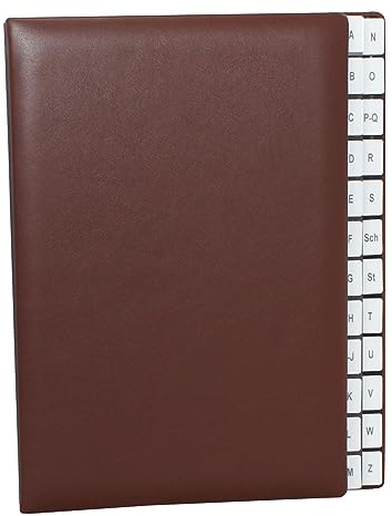 Pultordner mit Register A-Z aus glattem Vollrindleder in Braun, passend für DIN A4, Softcover mit dehnbarem Rücken, Register-Trennblätter aus schwarzer Kartonage mit Sichtlöchern, Prägung auf Anfrage