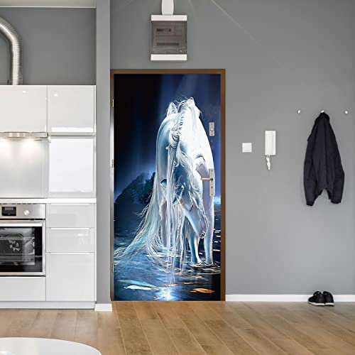 3D Türaufkleber Tier Pferd Weißes Pferd 90X200Cm Türtapete Selbstklebend Türposter - Fototapete 3D Effekt Türfolie Poster Tapete Wandtattoo Diy Selbstklebende Wandbild Pvc Wasserdichte Tapete