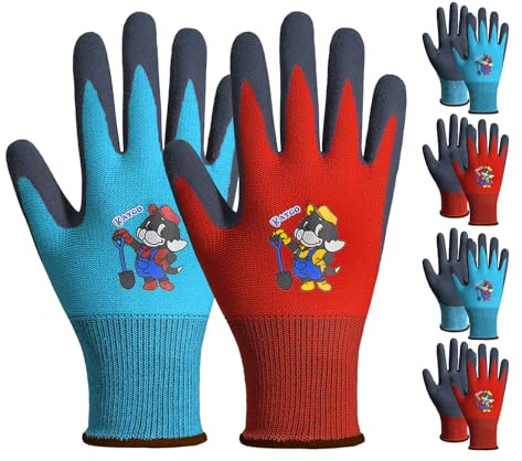 KAYGO 4 Paar Kinder Gartenhandschuhe Set für 3-9 Jahre, KGKID100 | Sandige Latex Beschichtung, Kinder Arbeitshandschuhe Schutzhandschuhe, Ideal für Garten und Hausarbeit DIY (3XS (Jahre 5-7))