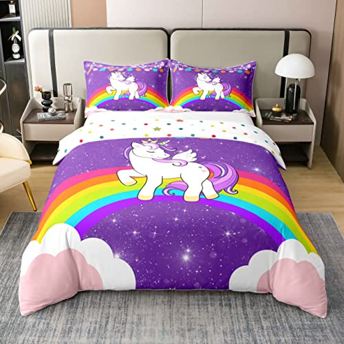 Homewish Housse de Couette 220x240 Licorne en Coton, Ensemble de Literie Arc-en-Ciel pour Filles, Parure de Lit Pailletée Licorne Mauve, Housse Couette Réversible Galaxy Kawaii Enfants