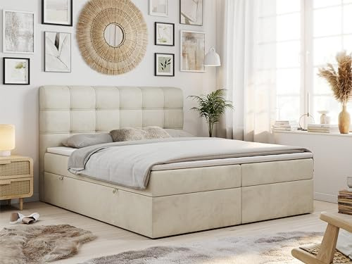 MKS MEBLE Boxspringbett 180x200 mit Matratze, Bett mit Multipocket - Matratze H3 und Topper, Polsterbett 180x200 mit Bettkasten und Kopfteil, Fast - Beige Monolith