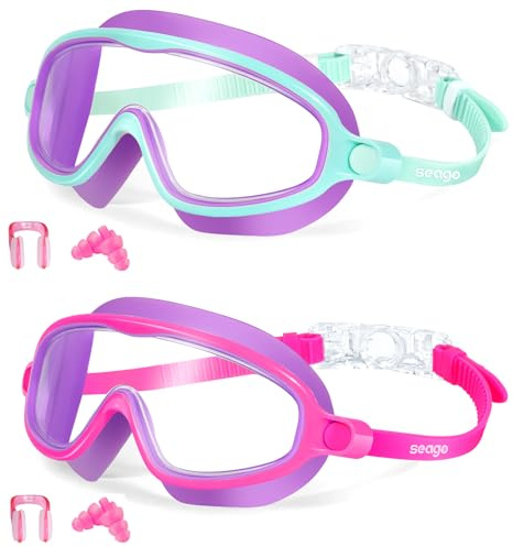 Kids Goggles for Swimming 2 Pack No Leaking Anti-Fog Outer Eye Fit with Wide View UV Protection Crystal Clear Watertight Swim Goggles with nose cover Suitable for Children Youth Boys Girls Age 3 to 14