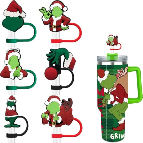 Haundry Paquete de 6 tapas de paja de Navidad compatibles con vasos Stanley, reutilizable, de silicona, verde, a prueba de polvo, divertidos accesorios Stanley perfectos para festivales