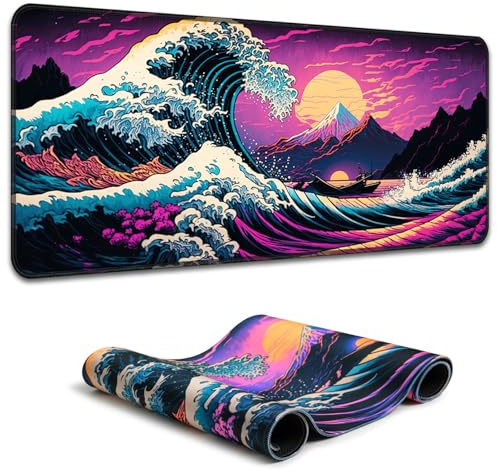 Simpkeely Large Japanese Sea Wave Gaming Mouse Pad - Blacklight Kanagawa Waterproof Desk Mat, 31.5 x 11.8 Extended Non-Slip Rubber Base, Office & Home Computer Keyboard Pad - 80 x 30 cm