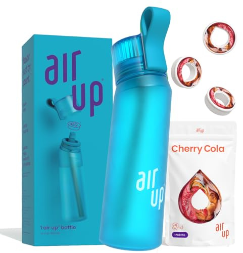 air up® - Borraccia per l'acqua (650 ml) + 3 capsule air up gusto Cherry Cola, capsule senza zucchero per borraccia dell'acqua con cannuccia, per acqua aromatizzata, blu oceano