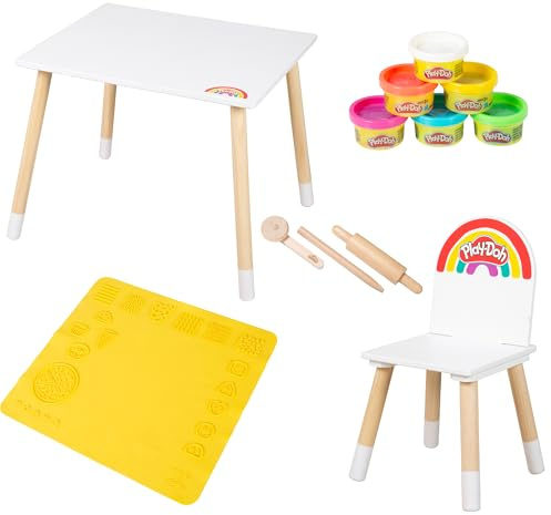 roba x Play-Doh Kreativt sittgruppsset - Spelset av FSC-certifierat trä med 6 modellera burkar, 3 träverktyg, stor 3D-kreativmatta & bord-stol kombination - Ideal present från 3 år