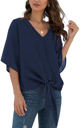 YGJIEGENG Sommarblusar för kvinnor V-hals vardaglig elegant 3/4 fladdermusärm toppar tröjor för kvinnor UK S-XXL, marinblå, XL