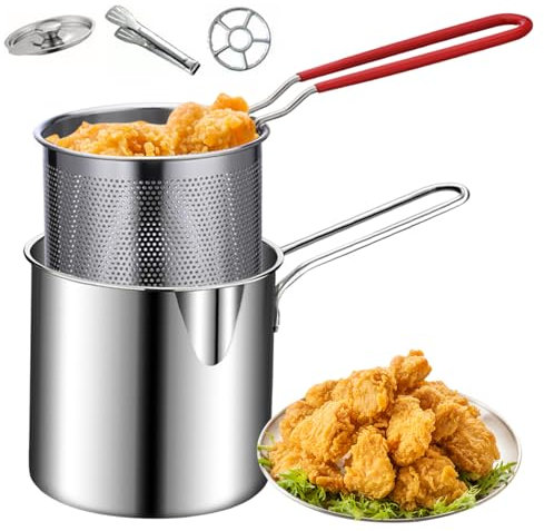 Mini Fryer Frittyer, Edelstahl-Fritteuchsen-Topf mit Anti-Scenen-Griff, Fritteuchsenpfanne mit Korb, Mini-Fritteuse für Tempura-Chips, Pommes, Fisch und Hühnchen