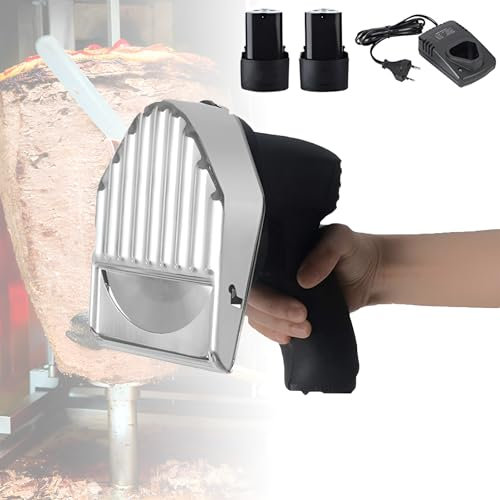 Trancheuse à Kebab électrique, trancheuse Shawarma portative 80 W avec 2 Piles de 2000 mAh, épaisseur de Coupe de 0 à 8 mm, 60 kg/h, Couteau à Kebab sans Fil en Acier Inoxydable, pour Restaurants
