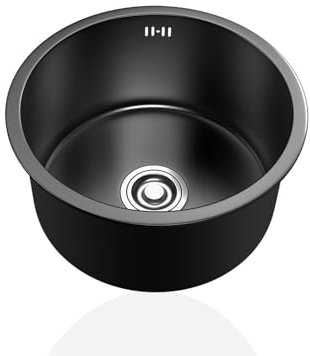 304 Edelstahl Küchenspüle,Spülbecken Rund Schwarz,Spüle Küche Klein,Spülbecken,Rundspüle Mini,Edelstahlspüle1 Becken mit Abflussrohr Und überlauf Einbauart: Einbau Von Oben und Unterbau (Ø 30cm)