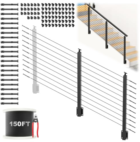 PLANTOP 36 Complete Set Swageless Side Mount Cable Railing Post for 25-35 Degrees Stair, 2 Pack Left Fascia Mount Stair Post, 150ft Wire Rope(No Handrail), Space-Saving Cable Railing System, MY10-SP