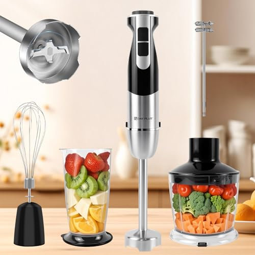 5-in-1 Hand Blender for Kitchen, 1000W Electric Stick Blender with 12-Speed & Turbo Mode, Scratch Resistant Immersion Blender with Whisk, Milk Frother, 600ml Beaker, 500ml Chopper for Soup Smoothies