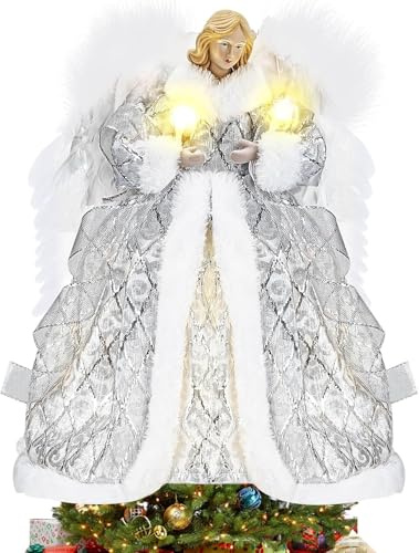 Gkstly Cimier de sapin de Noël en forme d'ange lumineux de 32 cm, figurine d'ange avec aile en plumes, ange pour décoration d'intérieur