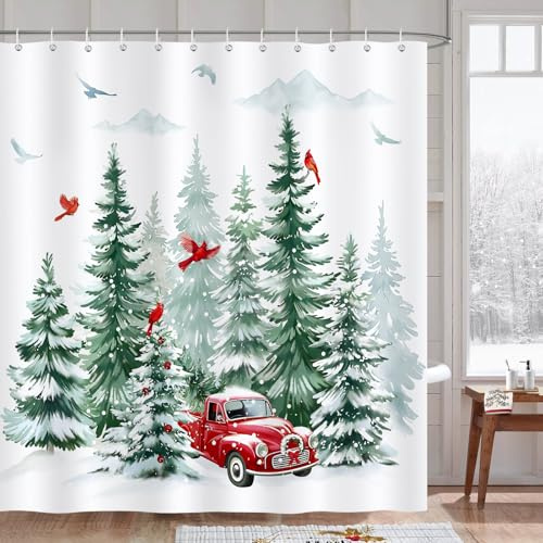COZZSNUGE Tenda Doccia Camion Rosso Natalizio, Tenda da Bagno Foresta Invernale Pino Cardinale Montagna 180 x 180 cm Poliestere Impermeabile Antimuffa 12 Ganci
