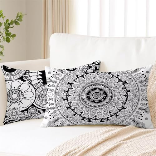 Boho Kissen 50x75 cm Rechteck Kissenbezug Schwarz Weiß Outdoor Kissen Wetterfest Leinen Kissenbezüge 2er Set Doppelseitiger Gedruckte Cushion Covers für Herbst Deko Garten Terrasse Sofa Balkon 2s-1185