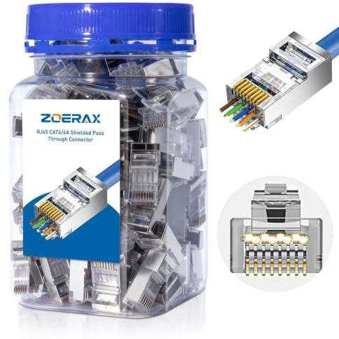 ZOERAX 100-Pack Cat 6A RJ45 Pass Through Connector, Cat 6 RJ45 Connector Wire OD 1.20mm Ethernet Ends/Shielded RJ45 Connector for Solid or Stranded FTP/STP Cable