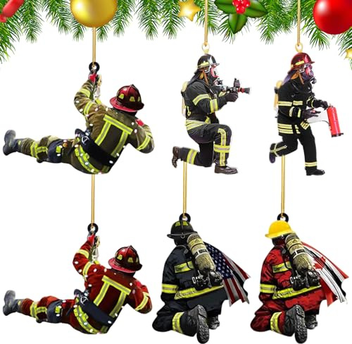 XSHAO® 6 Stück Feuerwehrmann Christbaumschmuck, Weihnachtsbaum Feuerwehrmann Acryl Ornamente für Wandfenster, Bäume, Auto-Rückspiegelzubehör