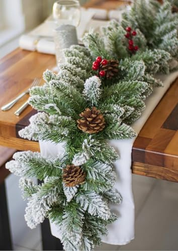 Marco Paul Extra Large 9ft Artificial Snow Flocked Christmas Garland - Frosted Pine Luxury Winter Xmas Garland for Fireplace Staircase Table Display Christmas Decorations