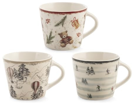 H&H Set aus 12 Teetassen aus New Bone China – Winter-Charme, 280 ml – verschiedene Tassen mit Bär, Heißluftballon und Skifahrern – elegant für Frühstück und Tee
