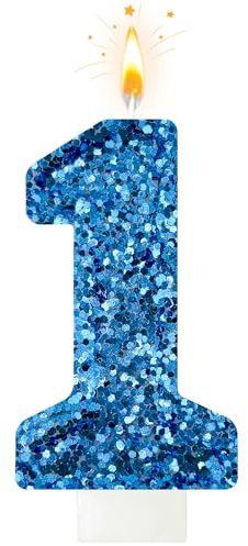 Zailo Birthday Number Candles, Glitter Number Candle Cake Decorations with Sequins, Cupcake Decorations for Girls, Women, Party Anniversary Celebrations (Number 1, Blue)