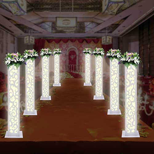 Lumicasaler 8 Pcs White Wedding Column, 47.24 Inch White Wedding Flower Stands with LED Lights, Hollow Carved PVC Flower Baskets for Party Christmas Birthday Home Decoration