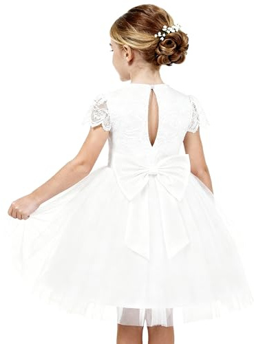 GRACE KARIN Flower Girl Dress Big Bow White Princess Wedding Gown Size 6 | Kids Lace Tulle Birthday Party Pageant Prom Communion Graduation Bridesmaid Holiday Photoshoot Performance Ceremony Church