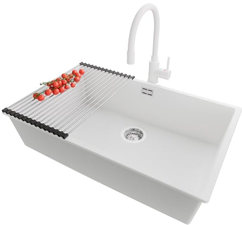 PRIMAGRAN Fregadero Granito al Mueble 80cm + Grifo, 76x47cm | Set: Grifo BW6020 + Kit de desagüe + Enrollable Escurridor + London Slim 1 Seno para Cocina, Blanco