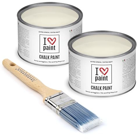 I Love Chalk Paint Avorio – Set Risparmio 2 Barattoli + Pennello – 750 ml totali – Vernice Effetto Gesso per Mobili – Chalk Paint Pittura Tutto Senza Carteggiare