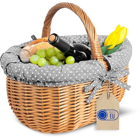 Creative Home Großer Picknickkorb Stoffeinlage Grau 43 x 32 x 37 cm | mit Pünktchen | Weidenkorb mit Henkel | Einkaufskorb Autokorb (+/- 2 cm) | Groß Leicht | Naturbraun Handgeflochten Universell